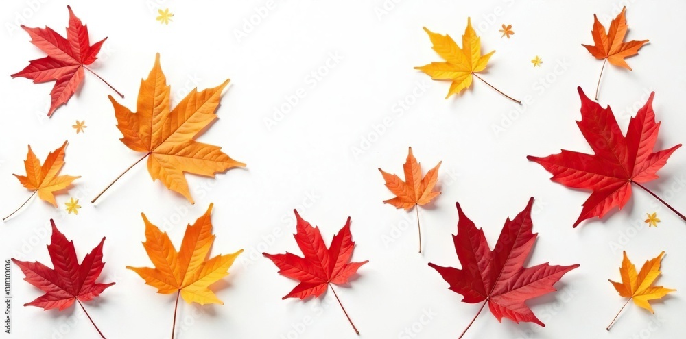 Delicate maple leaves scattered on white canvas, autumn, isolated, nature Delicate maple leaves scattered on white canvas, autumn, isolated, nature