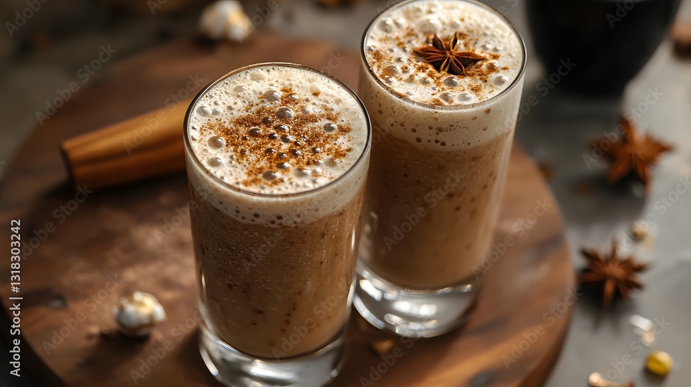 Delicious frothy beverages topped with spices, perfect for refreshing moments. An inviting presentation ideal for coffee lovers and cozy cafes, showcasing a blend of flavors. Delicious frothy beverages topped with spices, perfect for refreshing moments. An inviting presentation ideal for coffee lovers and cozy cafes, showcasing a blend of flavors.