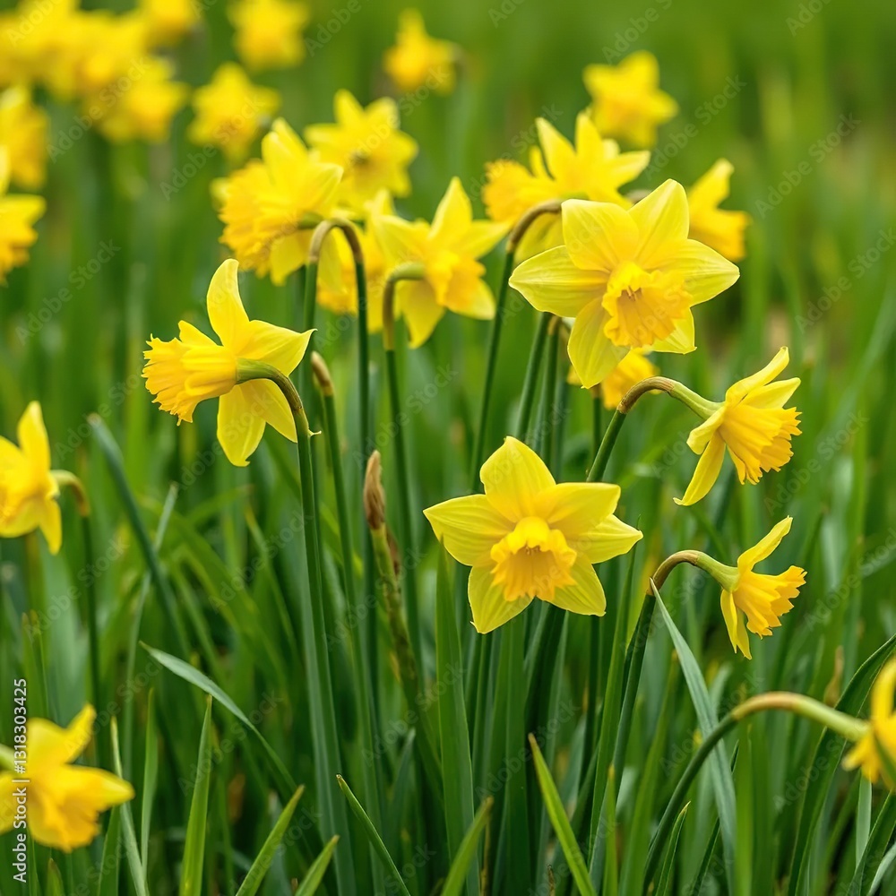 Daffodils swaying gently in a meadow of tall grass,, yellow Daffodils swaying gently in a meadow of tall grass,, yellow
