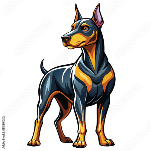 A sleek, muscular Doberman Pinscher stands alert, in a defensive posture, showcasing its powerful physique and intense gaze.