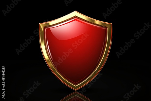 A striking red shield adorned with a luxurious golden edge, resting on a smooth black background. Perfect for designs invoking protection and valor.