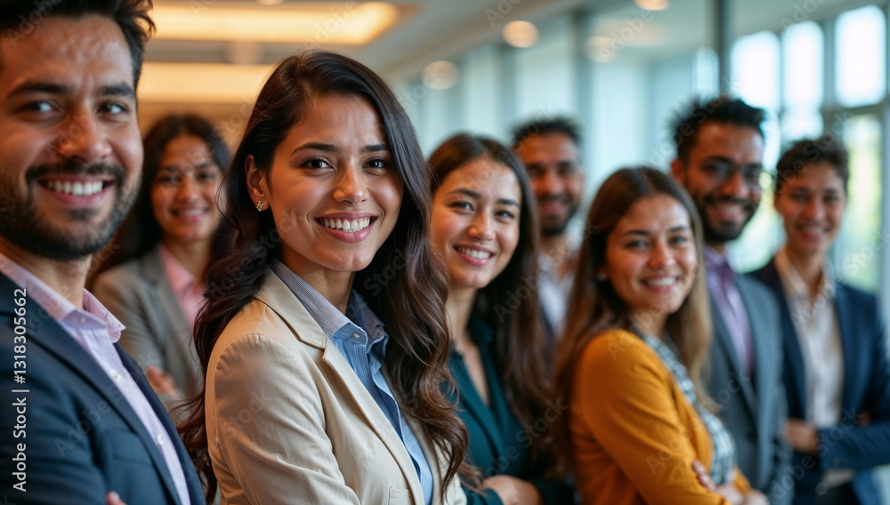 Obraz premium Confident and Diverse Indian Team Standing Together in a Modern Office with Friendly Smiles, Symbolizing Unity and Success
