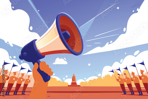 A gigantic megaphone, dwarfing government buildings, broadcasts authoritarian orders; citizens look up in fear.