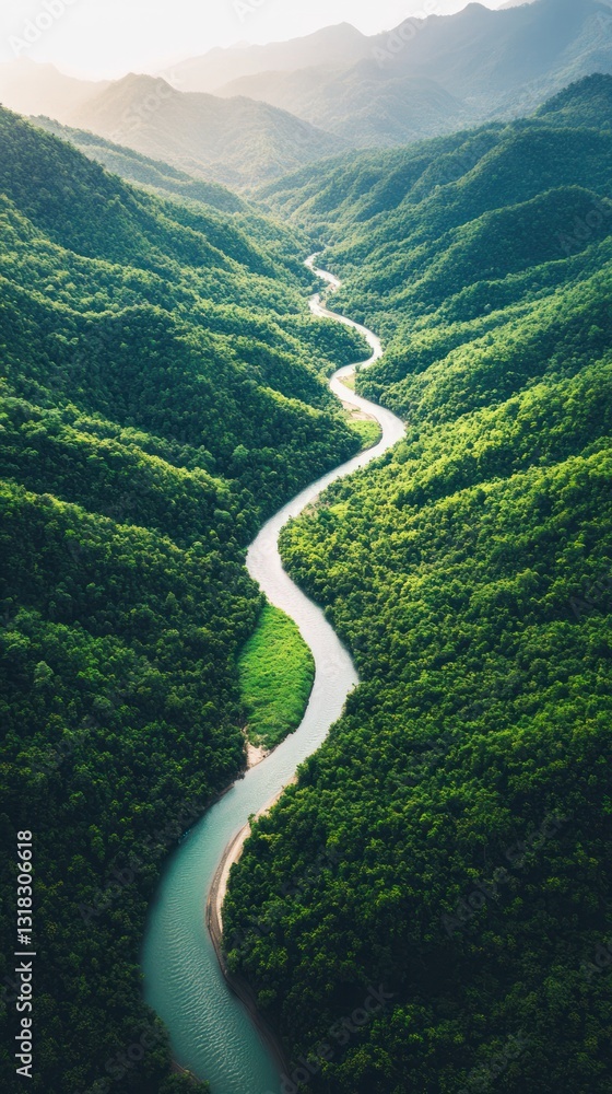 A winding river flows through lush green forested mountains valleys A winding river flows through lush green forested mountains valleys