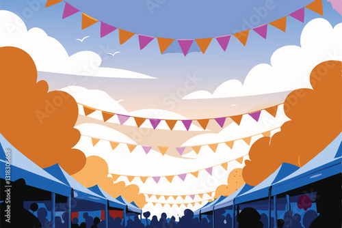 Vibrant sunny scene of a bustling outdoor Christmas market, overflowing with festive decorations, food stalls, and happy shoppers.  Banner prominently displayed.