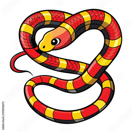 A vibrant red and black coral snake slithering through lush green vegetation, showcasing its distinctive banding pattern.  Close-up detail of scales and head.