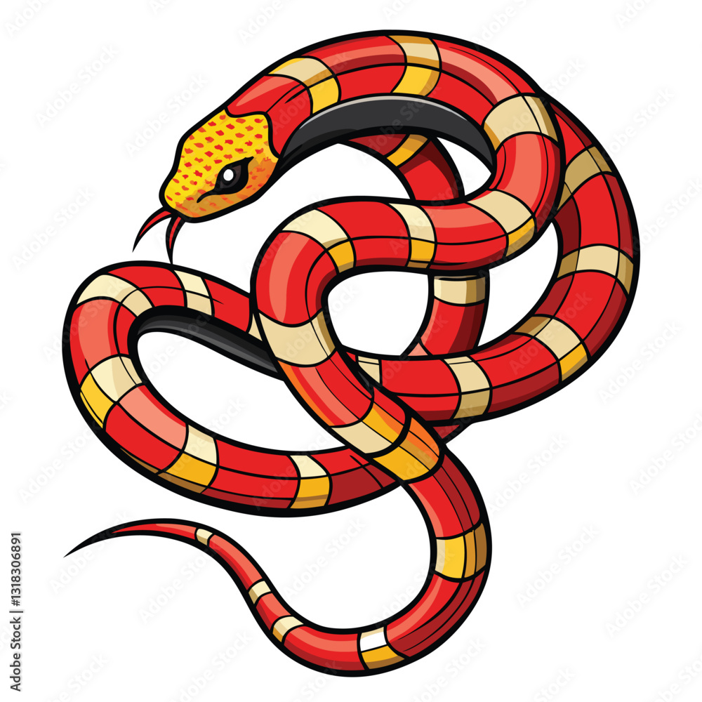 Naklejka premium A vibrant red, black, and yellow coral snake slithering through lush green vegetation. Focus on intricate scales and the snake's sinuous movement.