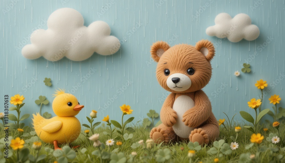 Cute Brown Teddy Bear and Yellow Duckling in Rainy Day Meadow Adorable Springtime Scene Cute Brown Teddy Bear and Yellow Duckling in Rainy Day Meadow Adorable Springtime Scene