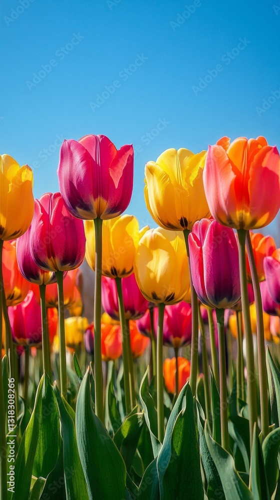 Obraz premium Fields filled with colorful tulips showcase a stunning display of yellow, pink, and orange petals dancing in the gentle breeze. The sun shines brightly, enhancing their vivid hues