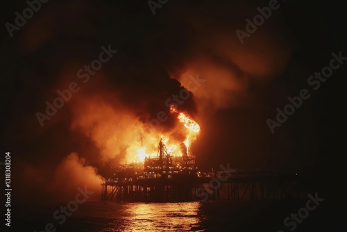 A dramatic fire engulfs an oil rig at night, with bright flames contrasted against dark smoke and water. The scene depicts the intensity and danger of industrial disasters.