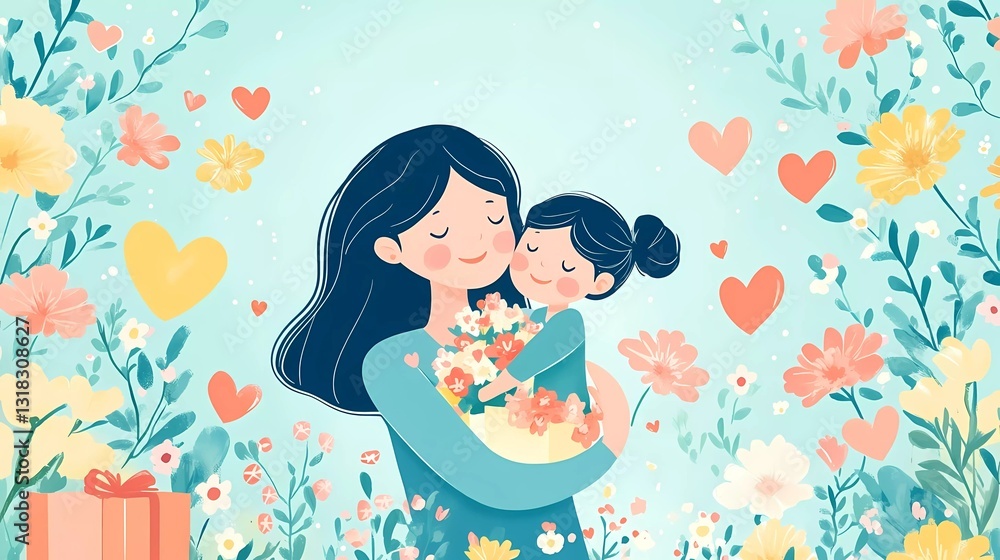 Flat illustration of Mother's Day, showcasing a heartwarming scene of a mother and child hugging, surrounded by flowers, gifts, and love hearts, with a harmonious and unique color palette of pinks Flat illustration of Mother's Day, showcasing a heartwarming scene of a mother and child hugging, surrounded by flowers, gifts, and love hearts, with a harmonious and unique color palette of pinks