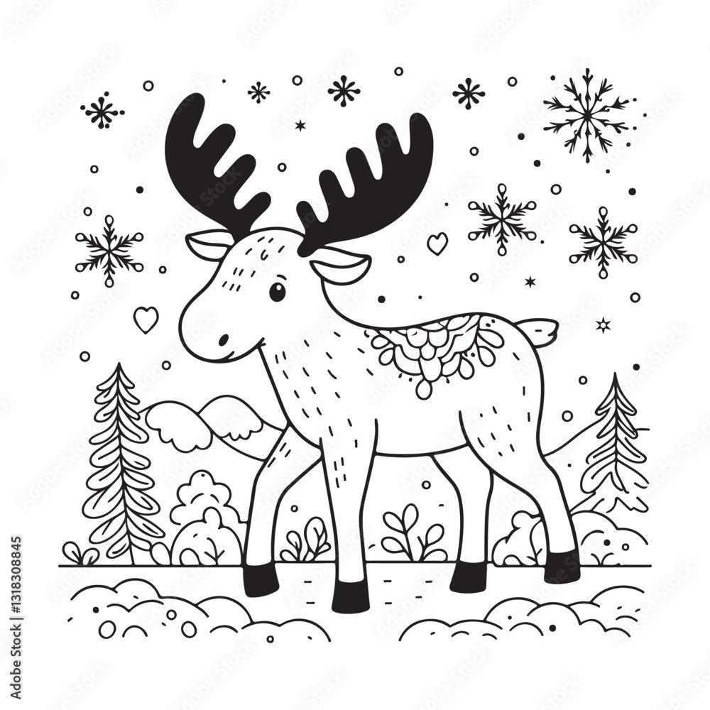Obraz premium A black and white illustration of a small moose, perfect for a coloring book. vector