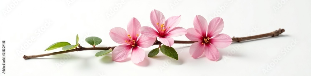 Single branch with flowers and leaves on a white surface, isolated, plant, solo Single branch with flowers and leaves on a white surface, isolated, plant, solo