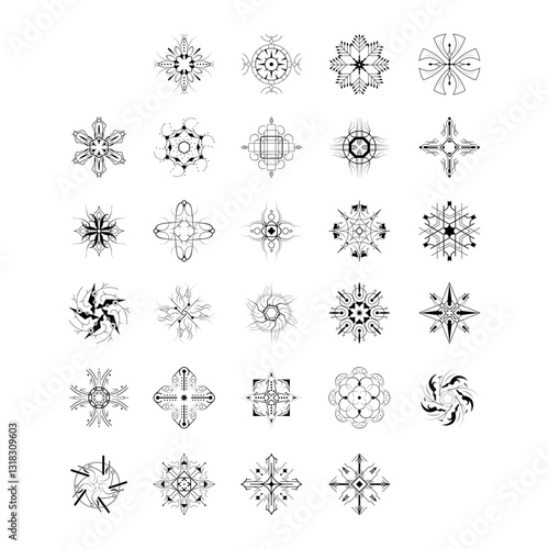 Set Black Colleciton Line Snowflake Doodle Winter Decoration Elements Vector Design Style
