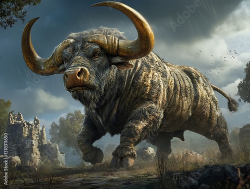 Charging Aurochs, Ruins, Stormy Sky