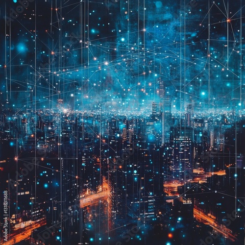 A captivating abstract digital cityscape at night, showcasing vibrant lights and intricate network connections. Ideal for technology and innovation themes.