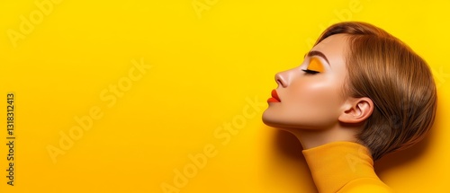 Profile of Elegant Woman with Yellow Fashion Makeup and Turtleneck on a Vibrant Yellow Background Style
