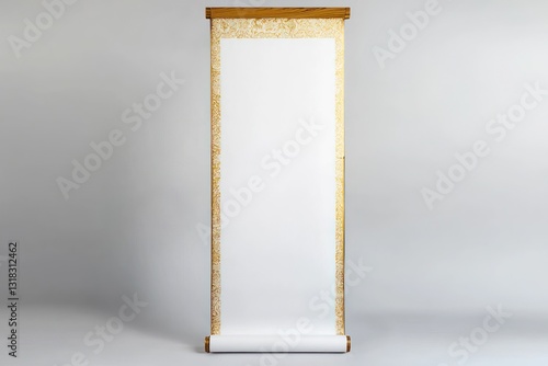 Luxurious gold trim framing a tall Chinese paper scroll with white paper.