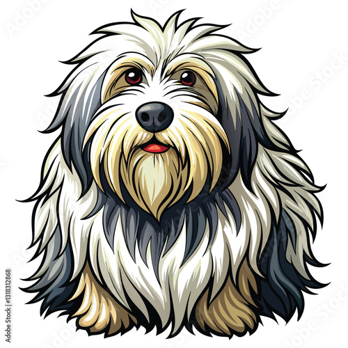 A photo of a senior Old English Sheepdog, showcasing its profuse, thick, shaggy white and grey coat.  The dog should appear relaxed and comfortable.