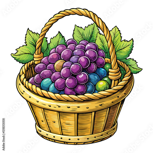 A rustic hand-woven basket overflowing with freshly picked green grapes, sunlight illuminating the juicy fruit and intricate basket weave.