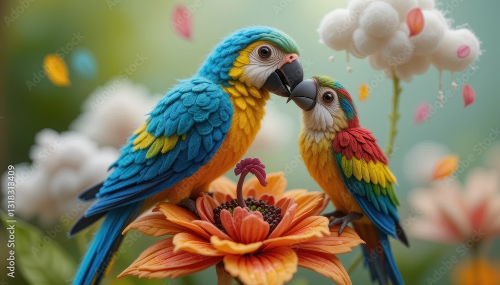 Fototapeta premium Two Adorable Macaw Parrots on a Vibrant Flower in a Whimsical Garden Setting