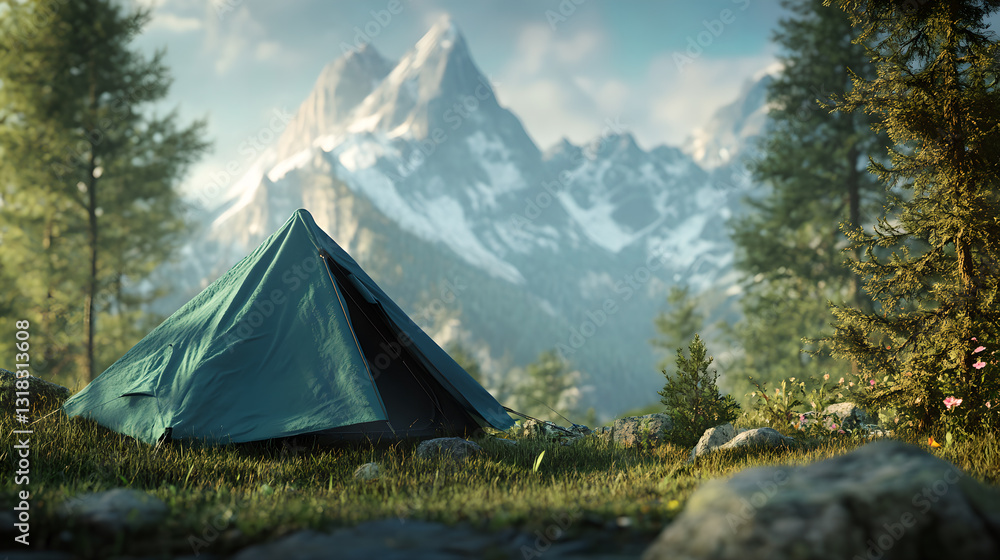 Green tent on the grassland in the mountains with distant snowy mountains Green tent on the grassland in the mountains with distant snowy mountains
