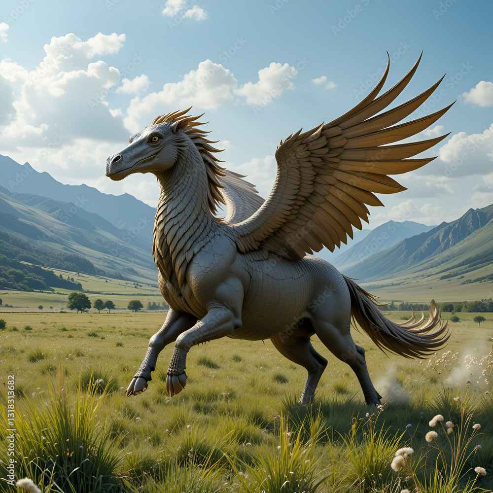 Vibrant Image of a Hippogriff Galloping Across a Grassy Plain with Its Wings Folded and Mountains in the Background Vibrant Image of a Hippogriff Galloping Across a Grassy Plain with Its Wings Folded and Mountains in the Background