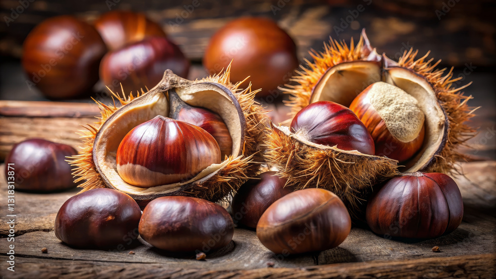 Cracked brown chestnut shells reveal creamy nuts on wooden surface Cracked brown chestnut shells reveal creamy nuts on wooden surface