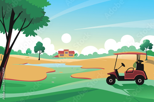 A picturesque, lush green golf course gently undulates across rolling hills, showcasing manicured fairways and pristine greens under a clear sky.