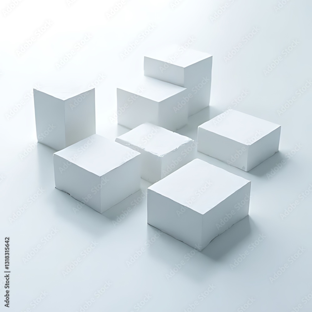 Minimalist white cubes arranged on clean surface still life photography indoor studio environment modern aesthetic Minimalist white cubes arranged on clean surface still life photography indoor studio environment modern aesthetic