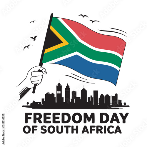South African flag waving, hand holding flagpole, city skyline silhouette, flying birds, 