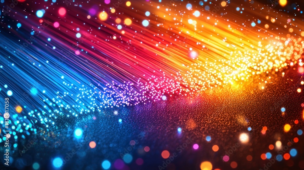 Obraz premium Colorful light strands converge, sparkling bokeh effect over dark ground
