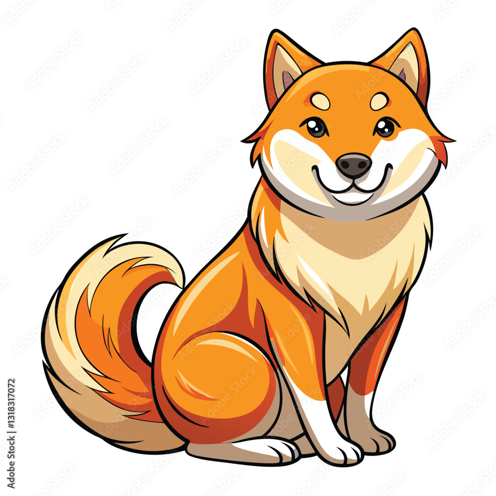 Fototapeta premium A Shiba Inu dog sitting with its tail curled, exhibiting a fox-like appearance. Focus on the dog's fur texture and expressive eyes.