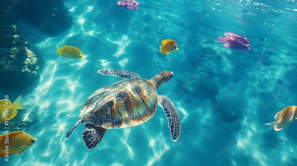 Fototapeta premium Serene turtle surrounded by fish pictures