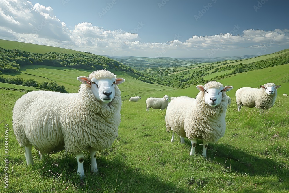 Fototapeta premium A lush green meadow filled with grazing sheep under a bright blue sky. Generative AI