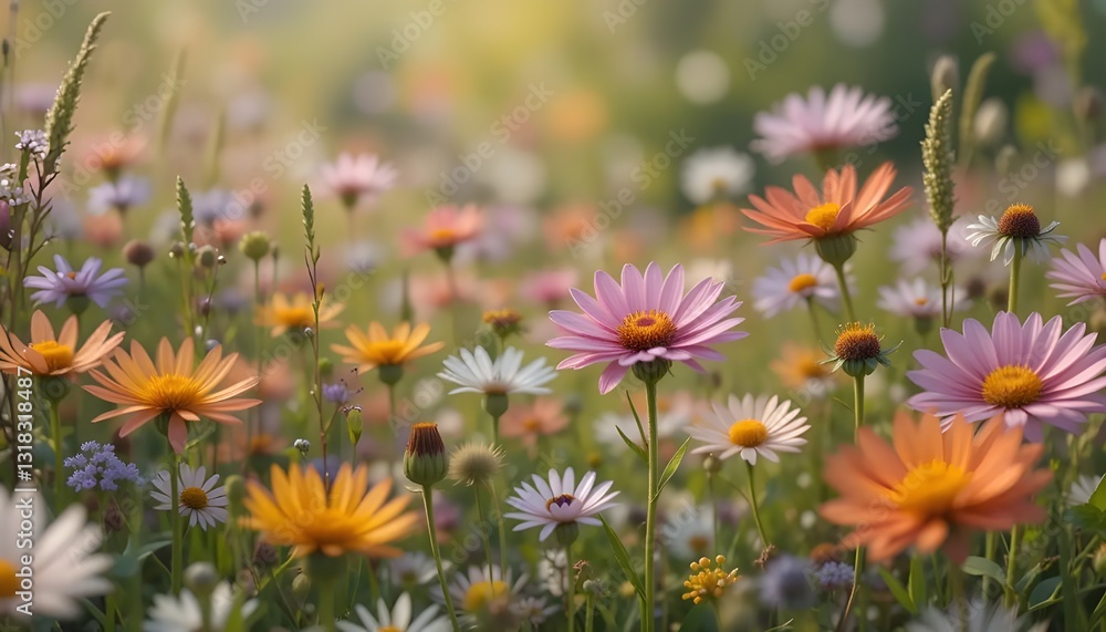 Hyper-realistic wildflowers in a meadow, with individual blooms and blades of grass rendered in exquisite detail Hyper-realistic wildflowers in a meadow, with individual blooms and blades of grass rendered in exquisite detail
