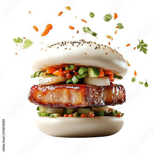 Crispy Pork Belly Bao Bun with Pickled Vegetables Isolated on Transparent Background