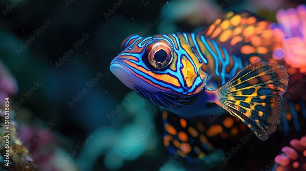 A breathtaking close-up of a mandarin fish, its psychedelic colors glowing against the reef. A breathtaking close-up of a mandarin fish, its psychedelic colors glowing against the reef.