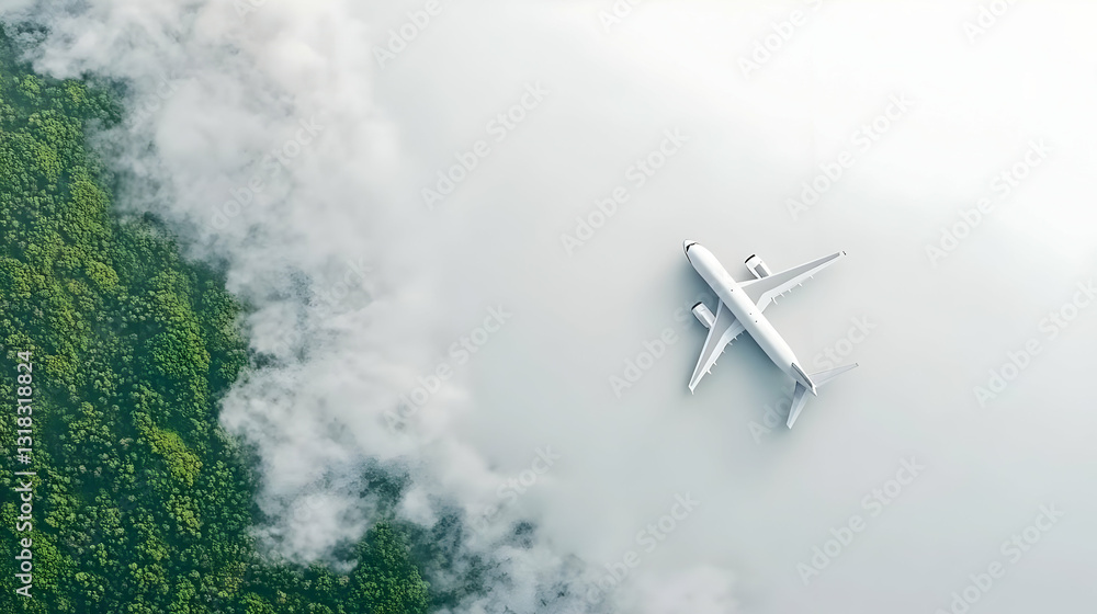 Airplane above clouds, forest. Travel concept Airplane above clouds, forest. Travel concept