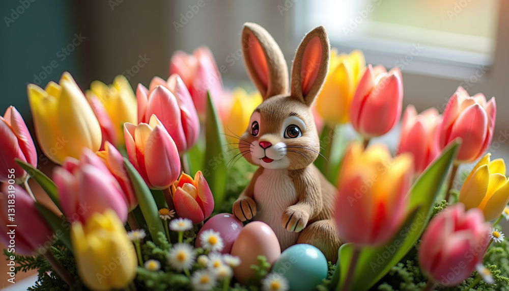 custom made wallpaper toronto digitalEaster Bunny with Festive Spring Tulip Arrangement