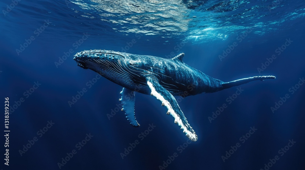 Fototapeta premium A breathtaking underwater shot of a humpback whale gliding gracefully through the deep blue sea.