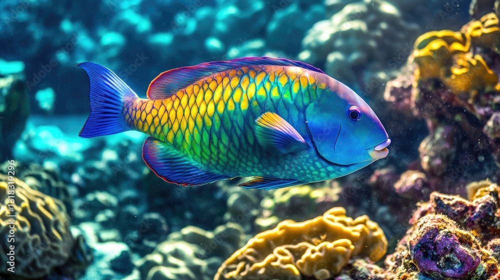 A breathtaking view of a parrotfish feeding on coral, its vibrant blue, green, and yellow scales reflecting the sunlight. A breathtaking view of a parrotfish feeding on coral, its vibrant blue, green, and yellow scales reflecting the sunlight.