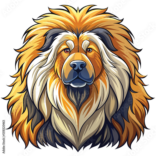 A majestic Tibetan Mastiff, showcasing its incredibly thick and voluminous mane, sits proudly.  Capture the texture and detail of its fur.