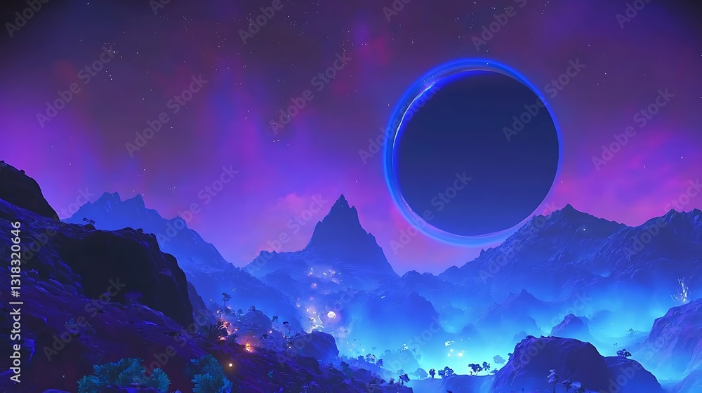 Obraz premium Alien Planet Mountainscape Underneath a Ringed Planet