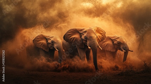 A family of elephants taking a dust bath in the dry savanna, their bodies covered in a thin layer of reddish-brown dirt.