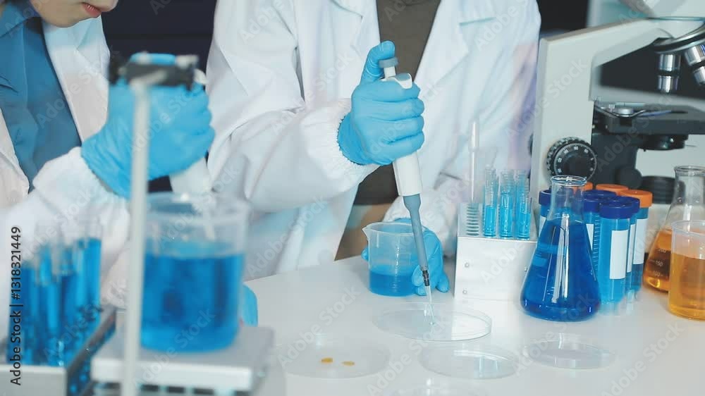 Scientist using microscope in laboratory. Close-up of a researcher's hands adjusting a modern microscope in a lab setting. Science concept Scientist using microscope in laboratory. Close-up of a researcher's hands adjusting a modern microscope in a lab setting. Science concept
