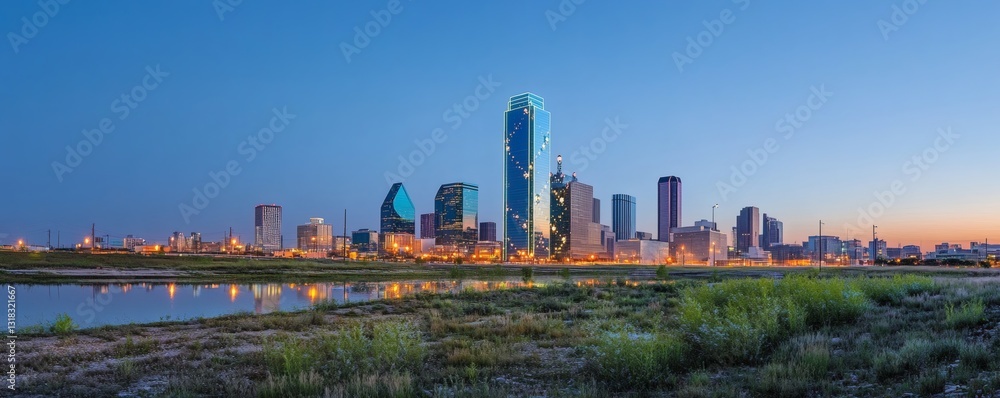 Fototapeta premium The cityscape shows buildings reflecting in calm water at dusk