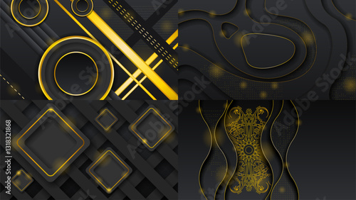 Set Abstract Collection Dark Black Gold Material Modern Background With Golden Lines Stripes Shadows Backdrop Wallpaper Decoration Vector Design Style