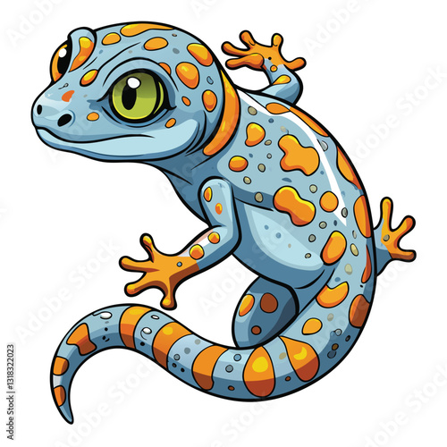 A vibrant Tokay gecko, clinging to a blue-gray, textured surface, showcasing its detailed scales and bright colors.