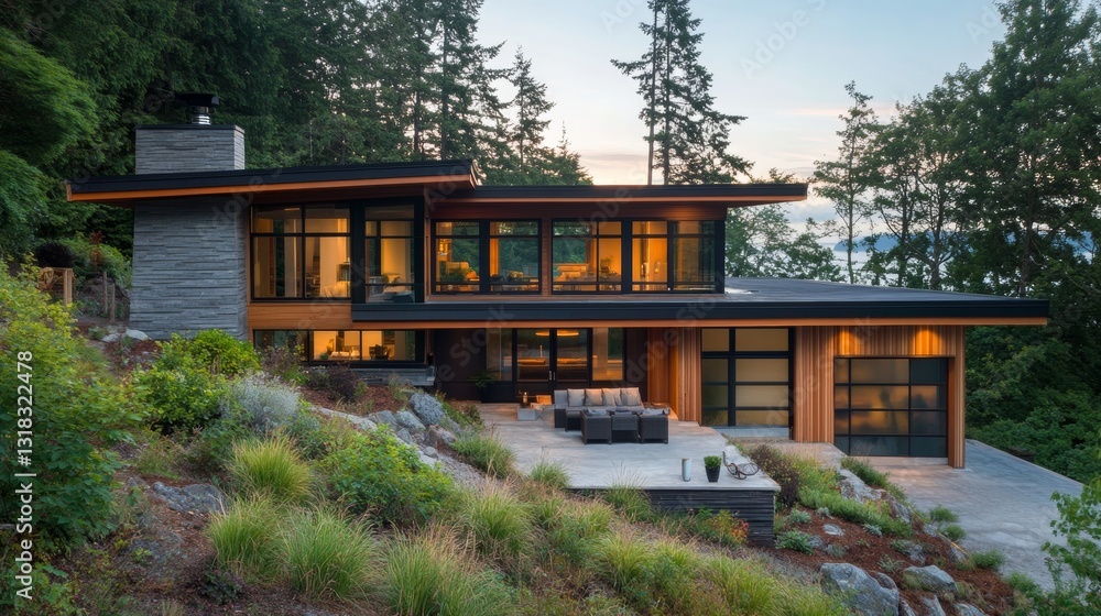 Modern house with rooftop chimney and hillside garden Modern house with rooftop chimney and hillside garden